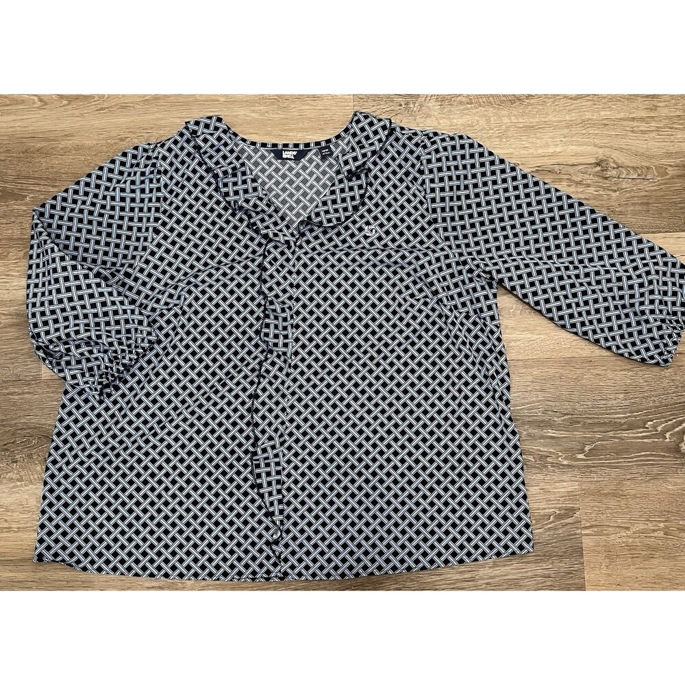 Chase Bank Lands’ End Women’s 18W Navy Blue Geometric Ruffle Neck Blouse